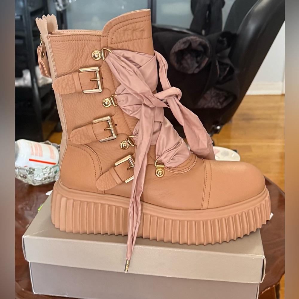 AGL Tan Combat Boots with Pink Accents